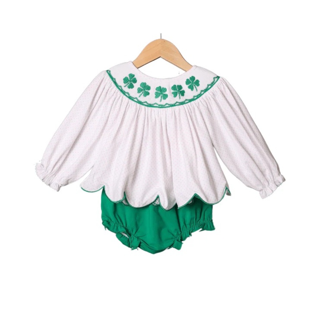 White and Green Baby Smock with Shamrock Design